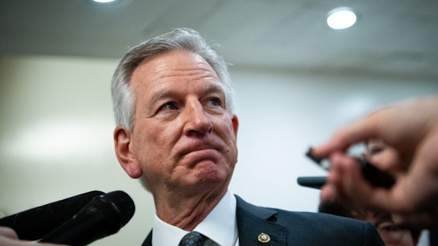 Senator Tommy Tuberville, a Republican from Alabama, speaks to reporters at the US Capitol in Washington, DC, US, on Wednesday, Sept. 6, 2023.