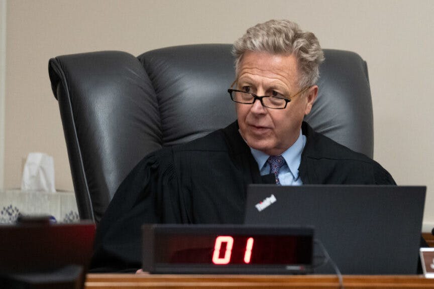 Second District Judge John C. Judge speaks at a hearing for Bryan Kohberger, who stands accused of murder, on cameras in the courtroom in Latah County District Court on September 13, 2023 in Moscow, Idaho.