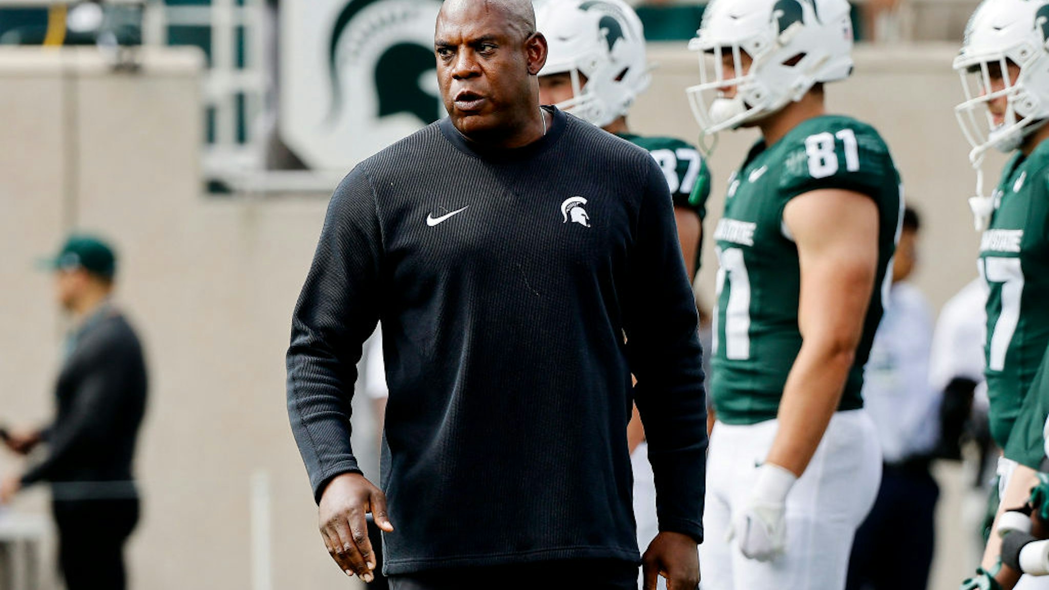 Head coach Mel Tucker of the Michigan State Spartans looks on prior to a game against the Richmond Spiders at Spartan Stadium on September 09, 2023 in East Lansing, Michigan.