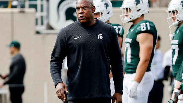 Head coach Mel Tucker of the Michigan State Spartans looks on prior to a game against the Richmond Spiders at Spartan Stadium on September 09, 2023 in East Lansing, Michigan.