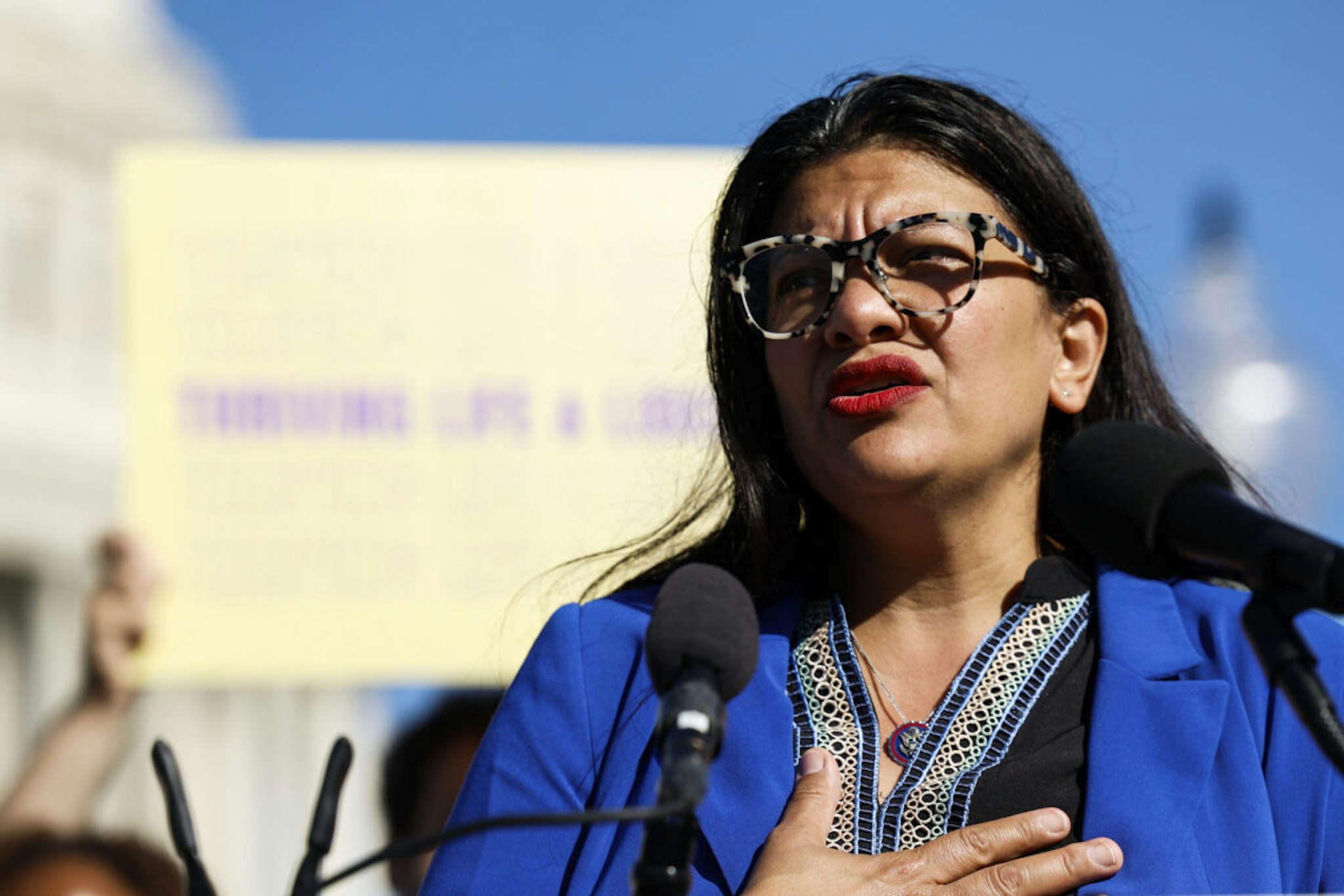 Rep. Rashida Tlaib (D-MI) speaks at a news conference on the introduction of the "Restaurant Workers Bill of Rights" outside the U.S. Capitol Building on September 19, 2023 in Washington, DC.