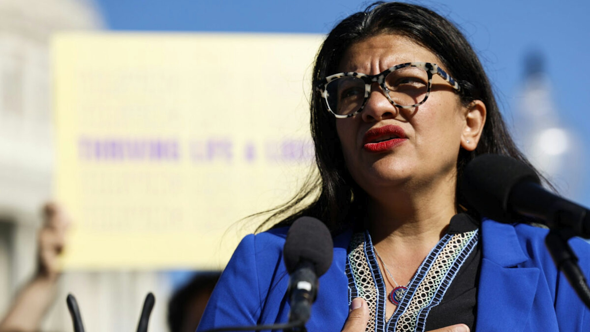 Rep. Rashida Tlaib (D-MI) speaks at a news conference on the introduction of the "Restaurant Workers Bill of Rights" outside the U.S. Capitol Building on September 19, 2023 in Washington, DC.