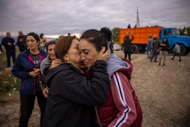 09/26/2023 Kornidzor, Armenia. Refugees from Nagorno- Karabakh passing through Kornidzor reunite and embrace one another in both happiness and sadness. The days continue to be filled with uncertainty and emotion.