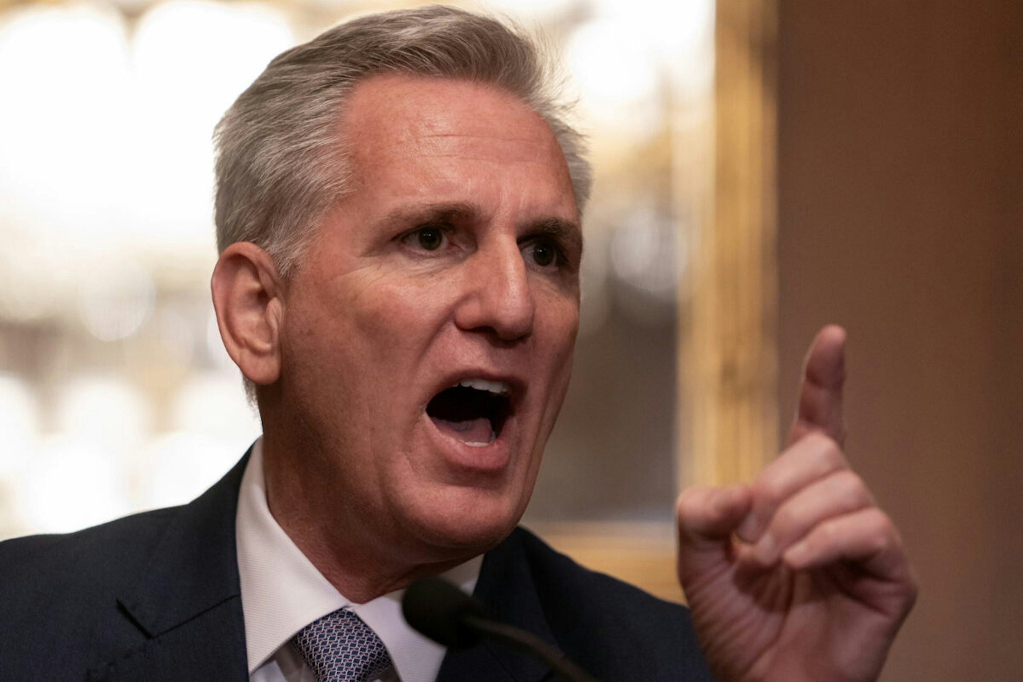 U.S. House Speaker Kevin McCarthy (R-CA) speaks with members of the media following passage in the House of a 45-day continuing resolution on September 30, 2023 in Washington, DC.