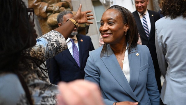 Senator Laphonza Butler, D-Calif., smiles after being sworn in to the Congressional Black Caucus, on Capitol Hill in Washington, DC October 3, 2023.