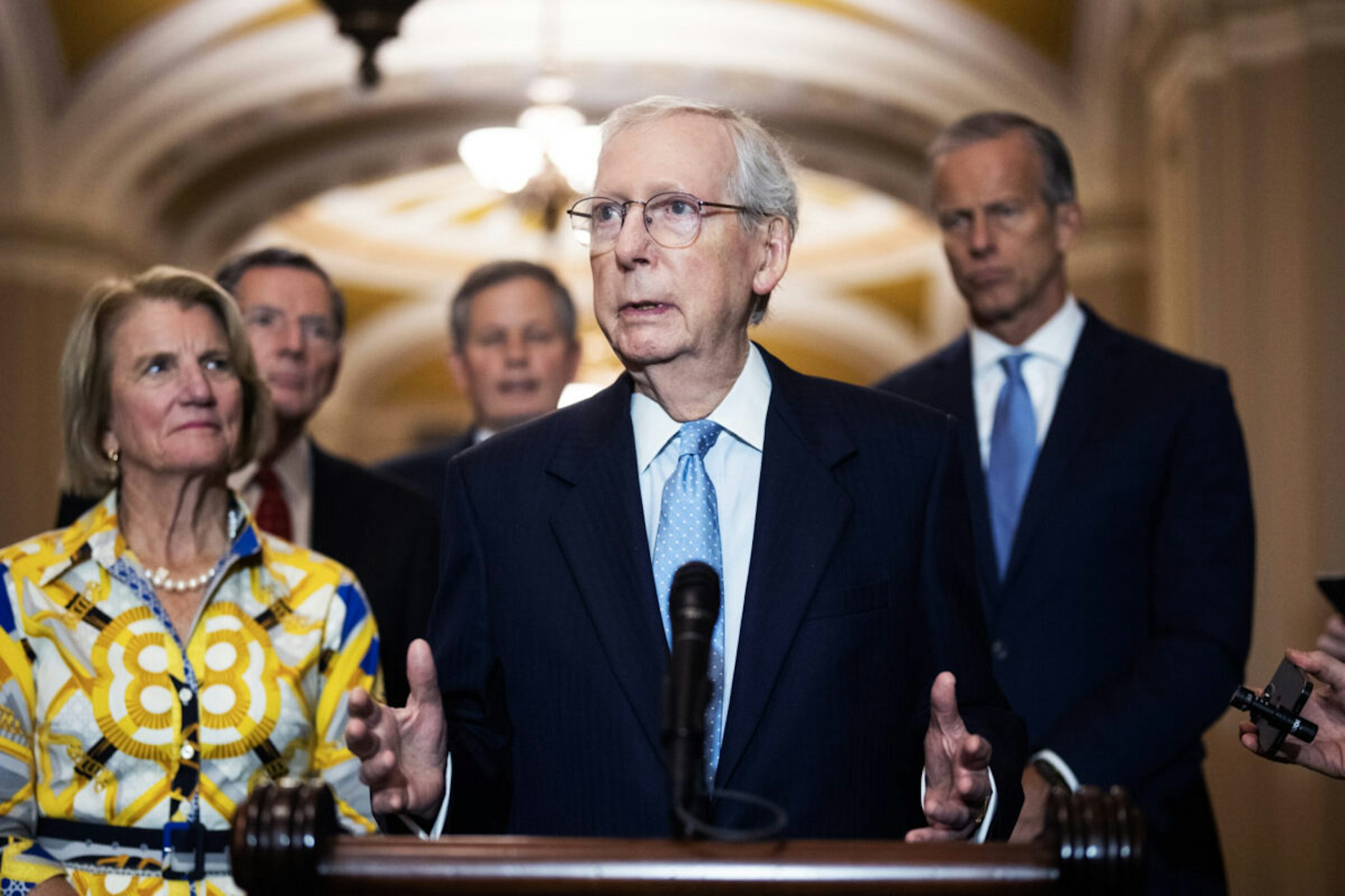 Senate Minority Leader Mitch McConnell, R-Ky., conducts a news conference after the senate luncheon in the U.S. Capitol on Wednesday, October 4, 2023.