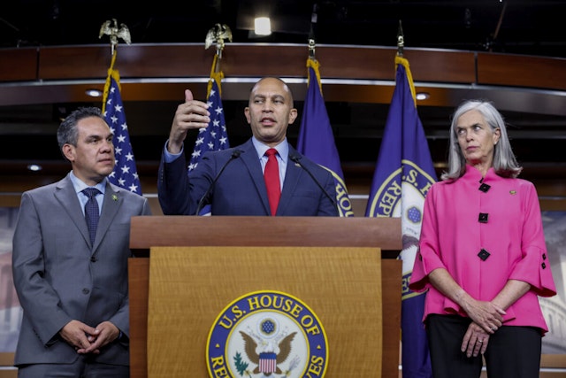 House Minority Leader Hakeem Jeffries (D-NY) speaks to reporters at a press conference on government funding in the U.S. Capitol on September 29, 2023 in Washington, DC. Jeffries was joined by U.S. House Minority Whip Katherine Clark (D-MA) and Chair of the House Democratic Caucus Rep. Pete Aguilar (D-CA).