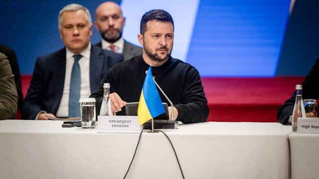 KYIV, UKRAINE - OCTOBER 2: President of Ukraine Volodymyr Zelenskyi during Informal EU Foreign Ministers Council on October 2, 2023 in Kyiv, Ukraine. High Representative of the Union for Foreign Affairs and Security Policy Josep Borrell said that the Ukrainian peace formula presented by President Volodymyr Zelenskyi last October will be discussed at an informal meeting in Kyiv of the heads of foreign affairs of the European Union member states.