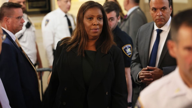 NEW YORK, NEW YORK - OCTOBER 03: Attorney General Letitia James leaves the courtroom during the second day of the civil fraud trial of former President Donald Trump at New York State Supreme Court on October 03, 2023 in New York City. Former President Trump may be forced to sell off his properties after Justice Arthur Engoron canceled his business certificates after ruling that he committed fraud for years while building his real estate empire after being sued by Attorney General Letitia James, who is seeking $250 million in damages. The trial will determine how much he and his companies will be penalized for the fraud. (Photo by Michael M. Santiago/Getty Images)