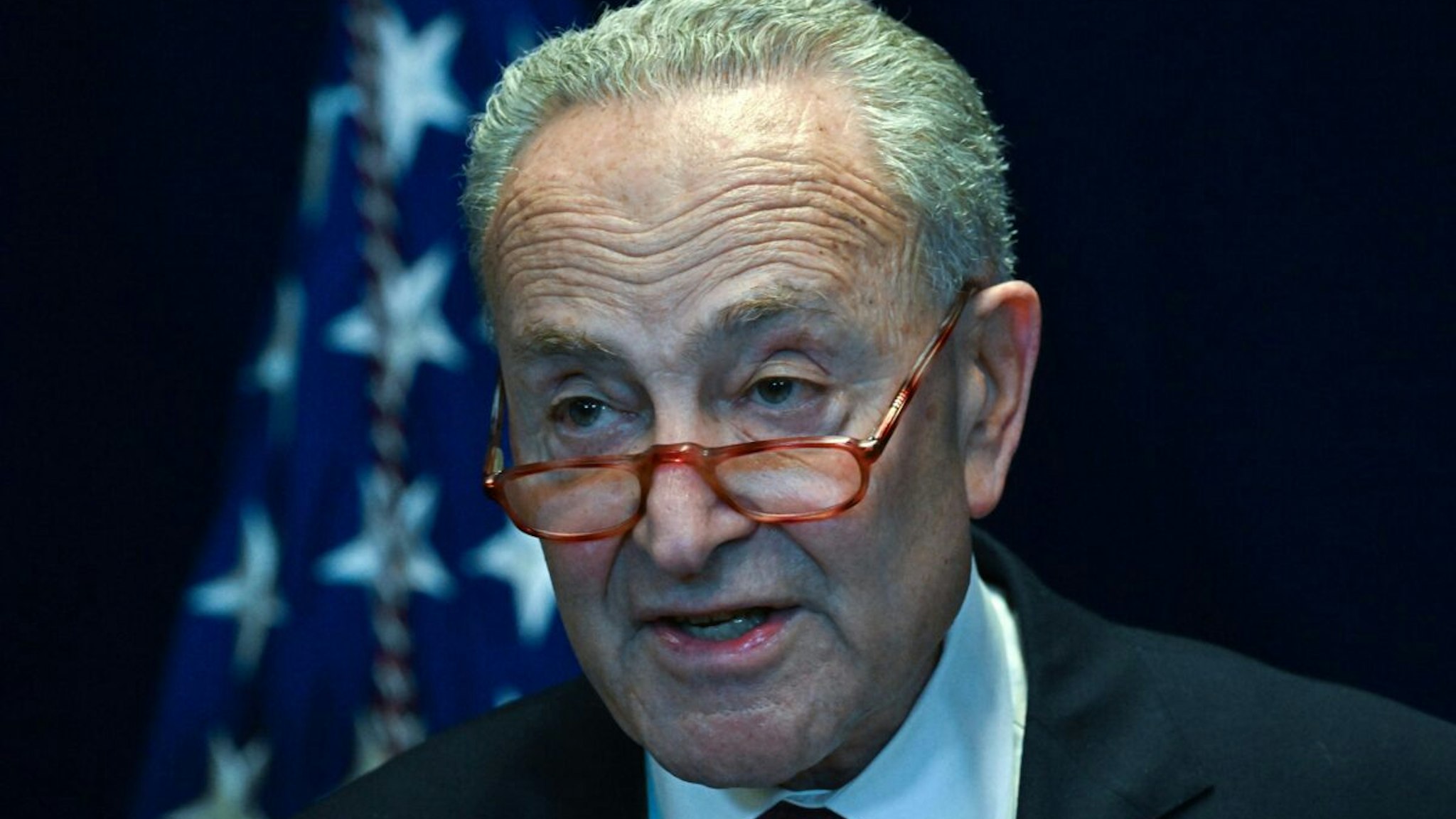 US Senate Majority Leader Chuck Schumer attends a press conference at the Beijing American Center of the US Embassy in Beijing on October 9, 2023.
