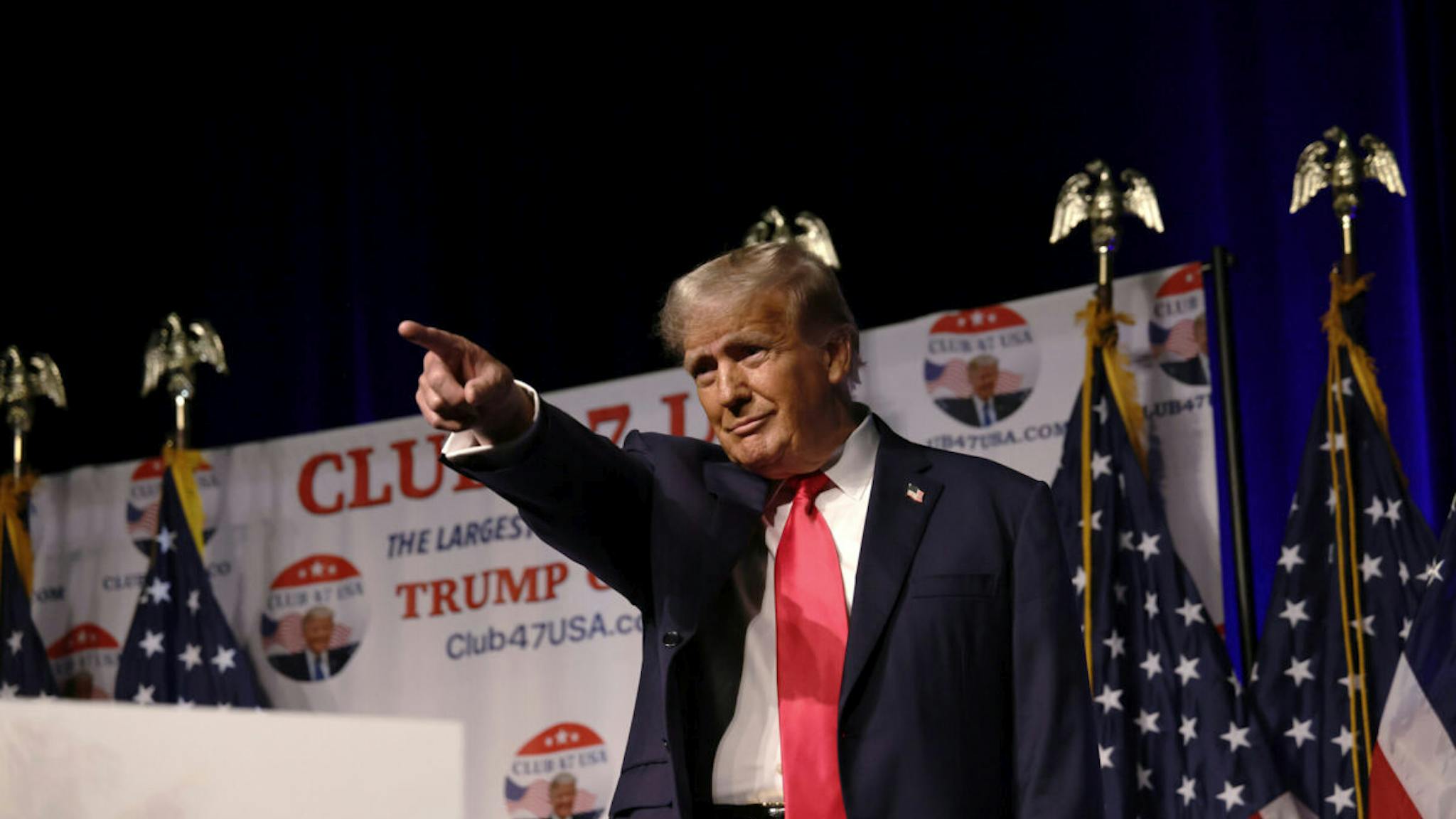 Donald Trump WEST PALM BEACH, FLORIDA - OCTOBER 11: Former U.S. President Donald Trump arrives to deliver remarks at a rally hosted by Club 47 USA at the Palm Beach County Convention Center on October 11, 2023 in West Palm Beach, Florida. Even as Trump faces multiple criminal indictments, he still maintains a commanding lead in the polls over other Republican candidates.