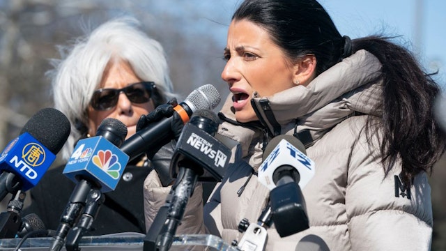 New York City Council member Inna Vernikov speaks at a press conference on Tuesday, March 29, 2022, in Flushing Meadows Corona Park in Queens.