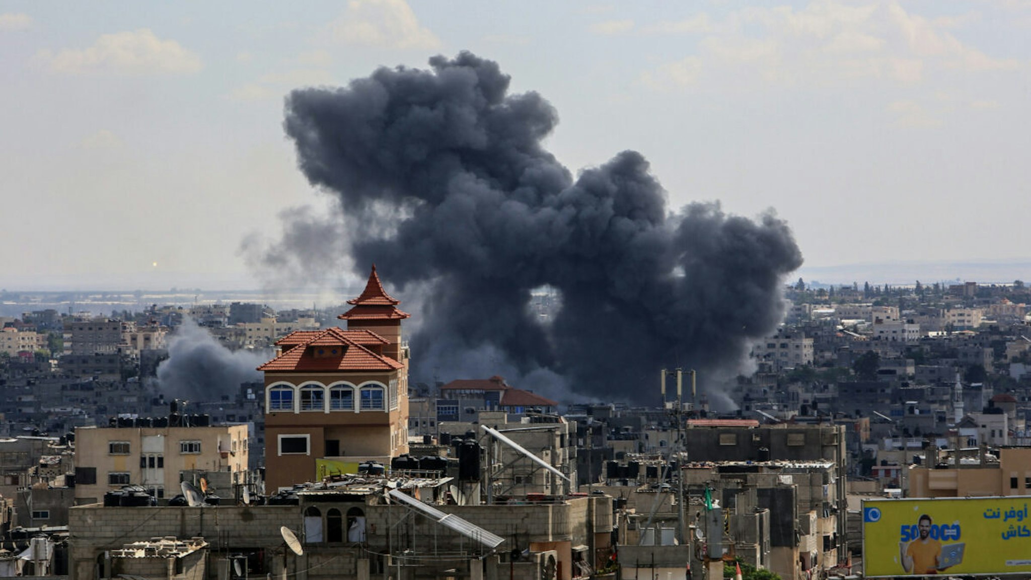 RAFAH, GAZA - OCTOBER 17: Smoke rises after an Israeli airstrikes in Rafah, Gaza on October 17, 2023.