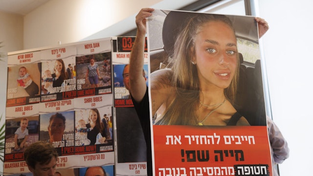 A poster showing Mia Shem and other people kidnapped by Hamas militants, at a news conference in Tel Aviv, Israel, on Tuesday, Oct. 17, 2023. Dozens of Israelis, some with dual nationality, were snatched from small towns, army bases and a music festival, and taken back to the Gaza Strip by Hamas militants after the surprise cross-border infiltration.