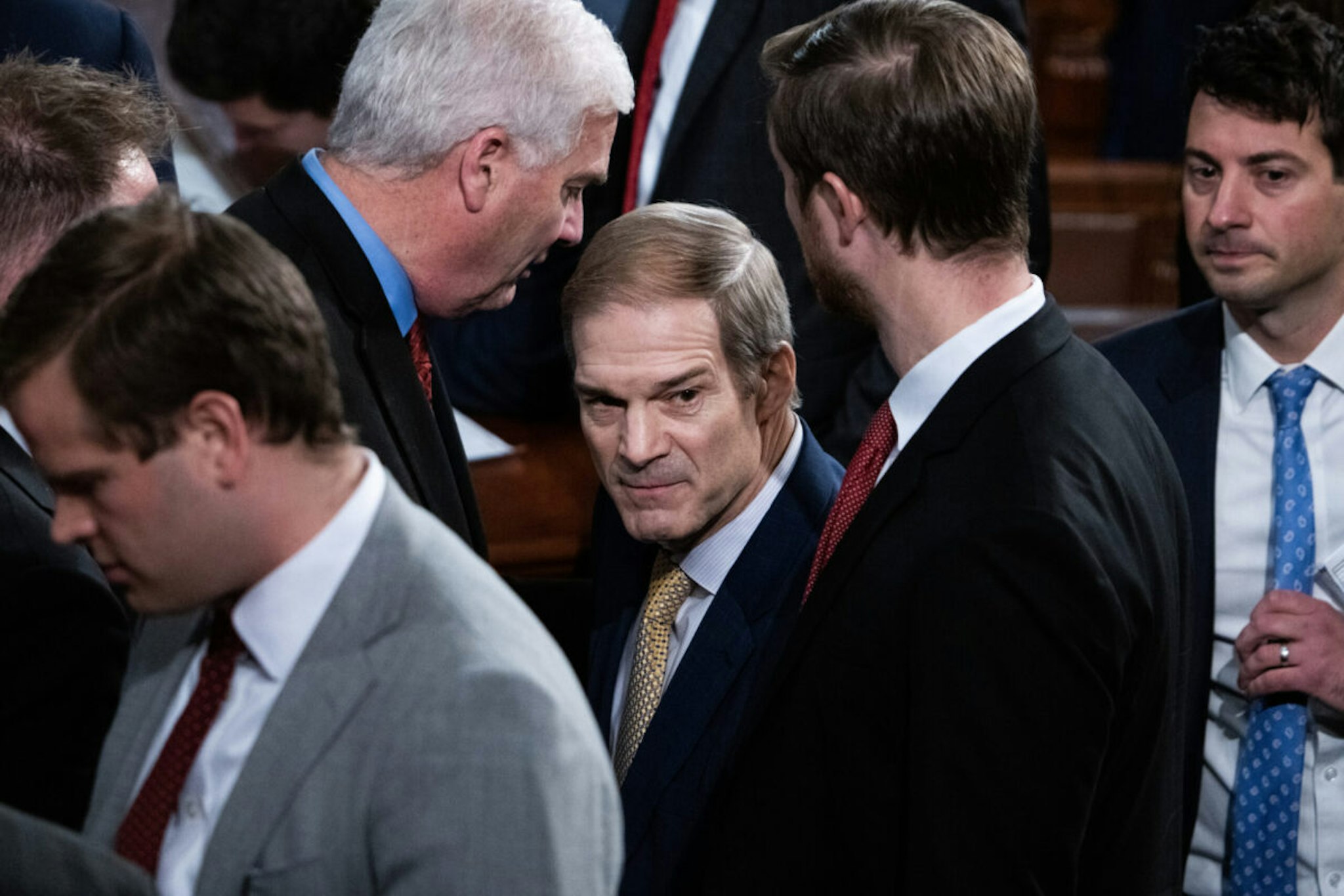 Rep. Jim Jordan, R-Ohio, center, the Republican nominee for speaker of the House, is seen on the House floor of the U.S. Capitol after he did not receive enough votes to become speaker on Tuesday, October 17, 2023.