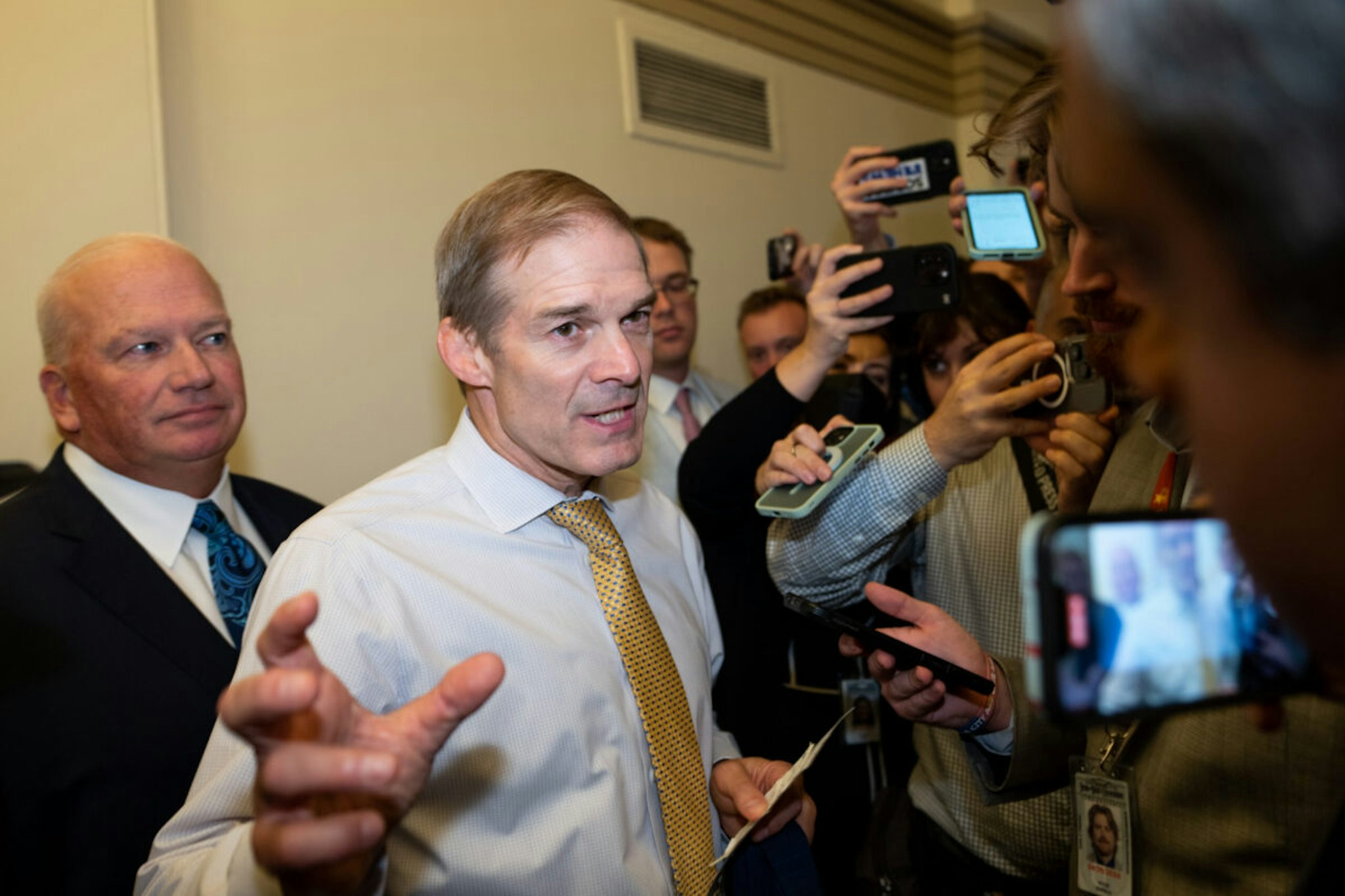 Rep. Jim Jordan, R-Ohio, speaks to reporters as he leaves a meeting in House Majority Whip Tom Emmer's office in the Capitol on Tuesday, October 17, 2023.
