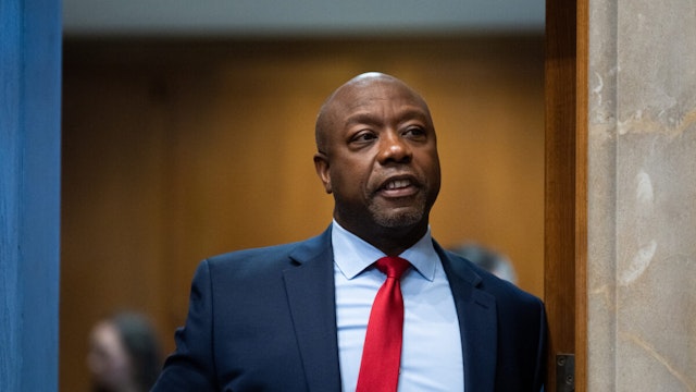 Sen. Tim Scott, R-S.C.,arrives for the confirmation hearing in the Senate Foreign Relations Committee for Jack Lew, nominee to be ambassador to Israel, on Wednesday, October 18, 2023.