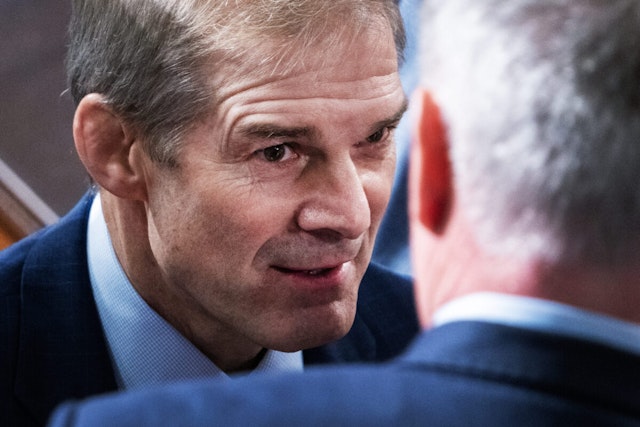 Rep. Jim Jordan, R-Ohio, Republican nominee for speaker of the House, and Rep. Kevin McCarthy, R-Calif., right, are seen on the House floor of the U.S. Capitol after a second ballot in which Jordan failed to receive enough votes to win the position on Wednesday, October 18, 2023.