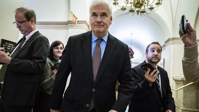 Rep. Tom Emmer, R-Minn., departs a House Republican Conference meeting after members voted for Rep. Jim Jordan, R-Ohio, to step down as a candidate for Speaker of the House, on Capitol Hill on Friday, Oct. 20, 2023, in Washington, DC.