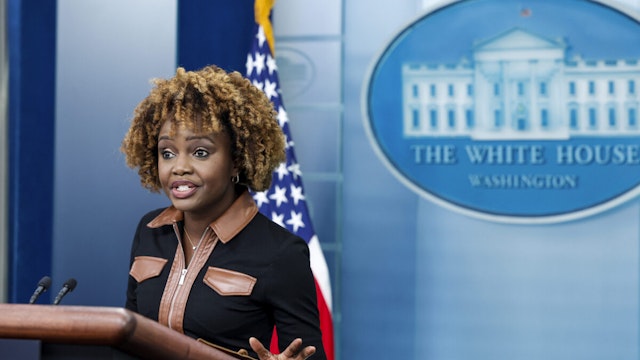 WASHINGTON, DC - OCTOBER 23: White House Press Secretary Karine Jean-Pierre speaks during the daily press briefing at the White House on October 23, 2023 in Washington, DC. During the news conference Jean-Pierre was joined by the Coordinator for Strategic Communications at the National Security Council John Kirby who spoke on the status of the war between Israel and Hamas.