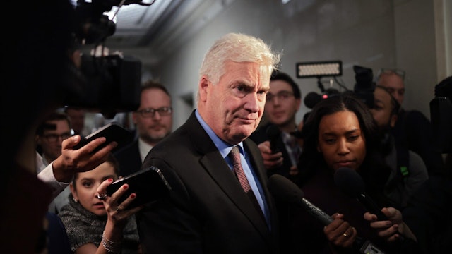 U.S. House Majority Whip Tom Emmer (R-MN) speaks to reporters as he leaves a House Republican candidates forum where congressmen who are running for Speaker of the House presented their platforms in the Longworth House Office Building on Capitol Hill on October 23, 2023 in Washington, DC.