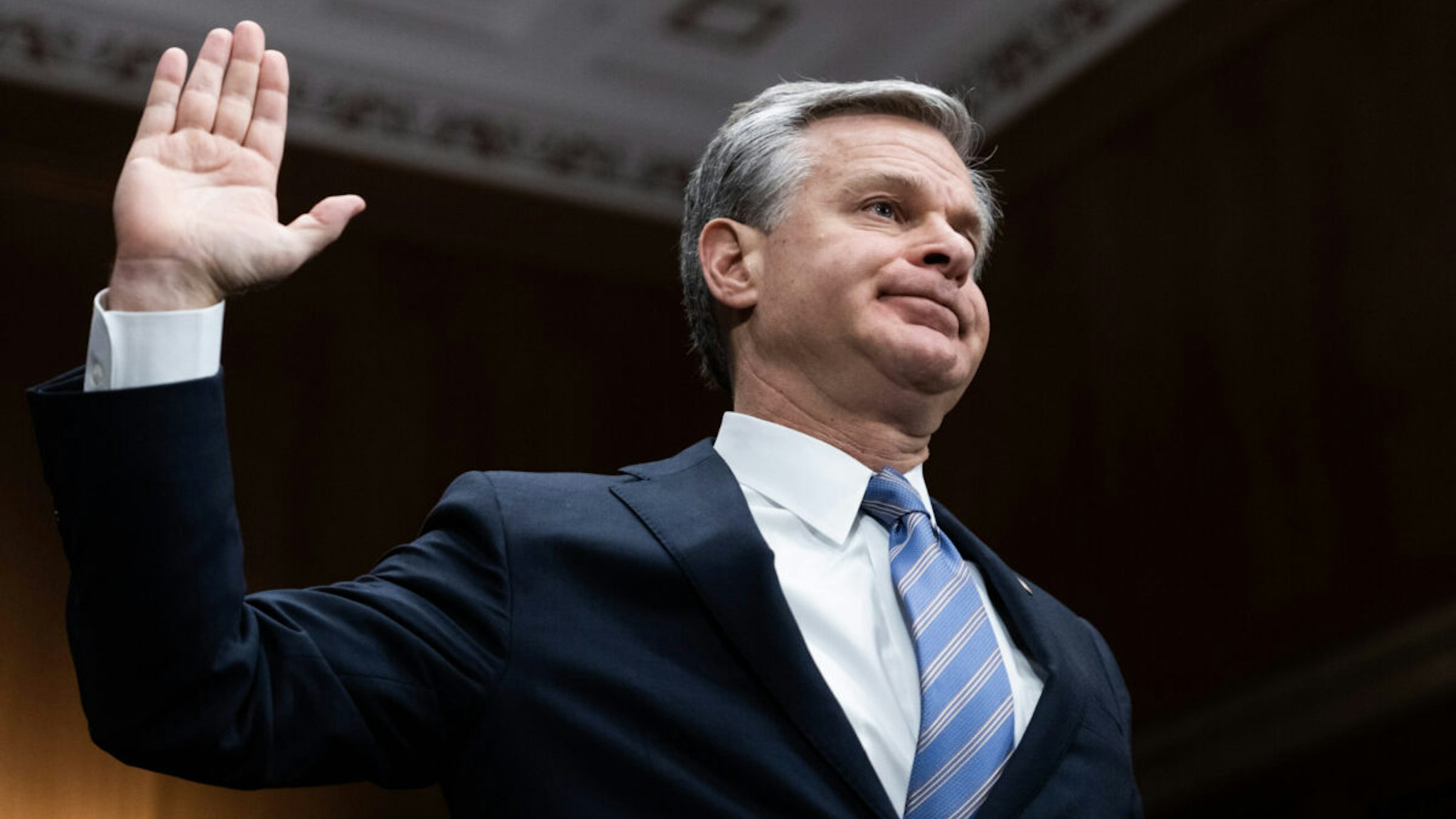 FBI Director Christopher Wray is sworn in to the Senate Homeland Security and Governmental Affairs Committee hearing titled "Threats to the Homeland," in Dirksen Building on Tuesday, October 31, 2023.