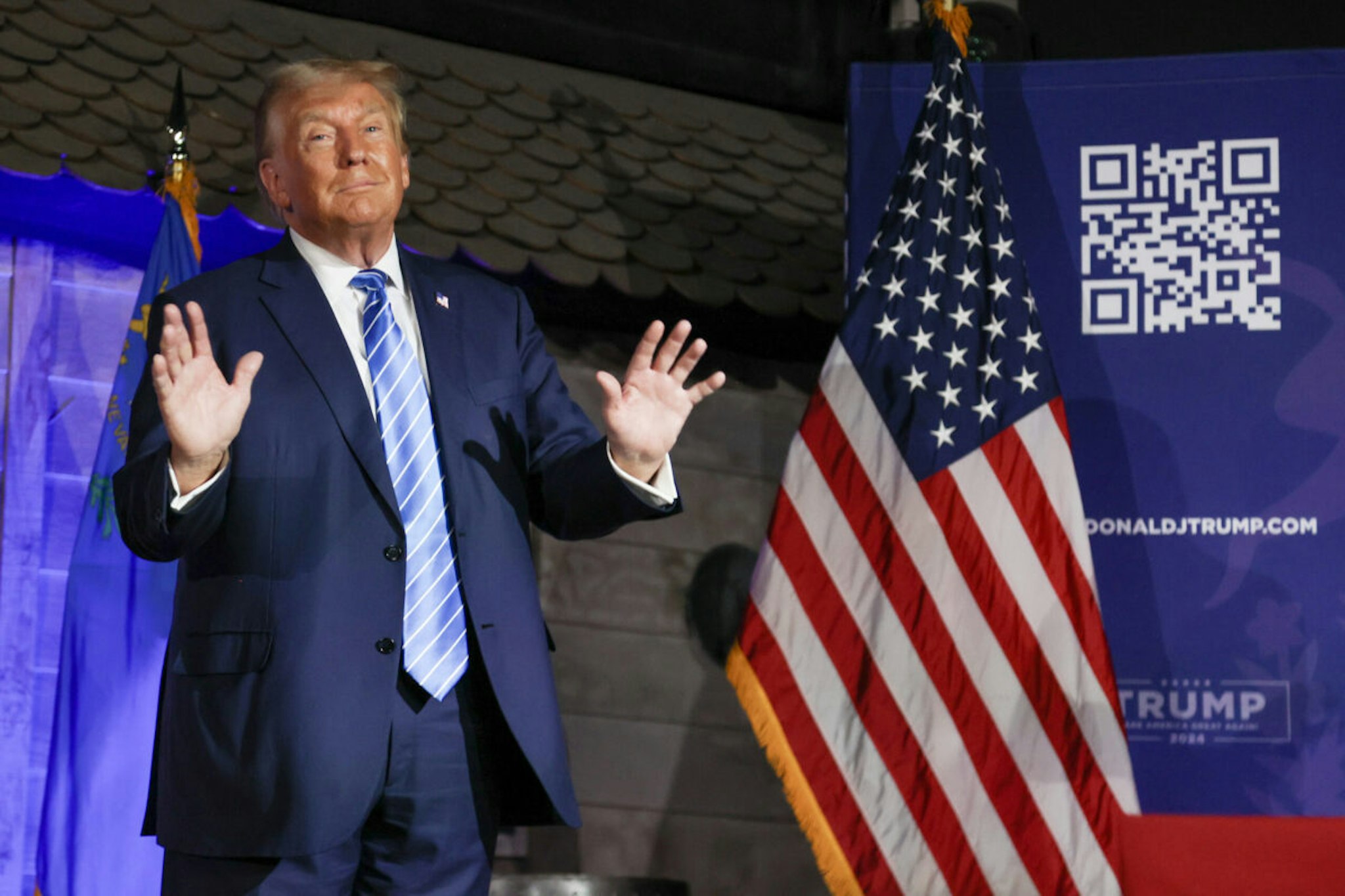 Republican presidential candidate former U.S. President Donald Trump dances during the Team Trump Nevada Commit to Caucus Event at Stoney's Rockin' Country on October 28, 2023 in Las Vegas, Nevada. The event was one of several campaign stops Trump made across Las Vegas while preparing for reelection.
