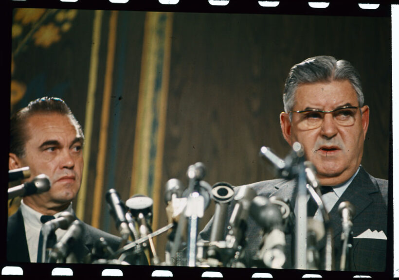 (Original Caption) General Curtis E. LeMay, retired U.S. Air Force Chief of Staff is seen here speaking to the press after American Independent Party presidential candidate George C. Wallace named him as his running mate.