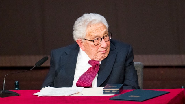 20 June 2023, Bavaria, Fürth: Henry Kissinger, former U.S. Secretary of State, sits on stage at the celebration of his 100th birthday. Fürth, the birthplace of ex-US Secretary of State Kissinger, is holding a celebration to mark the 100th birthday of its honorary citizen. Photo: Daniel Vogl/dpa (Photo by Daniel Vogl/picture alliance via Getty Images)