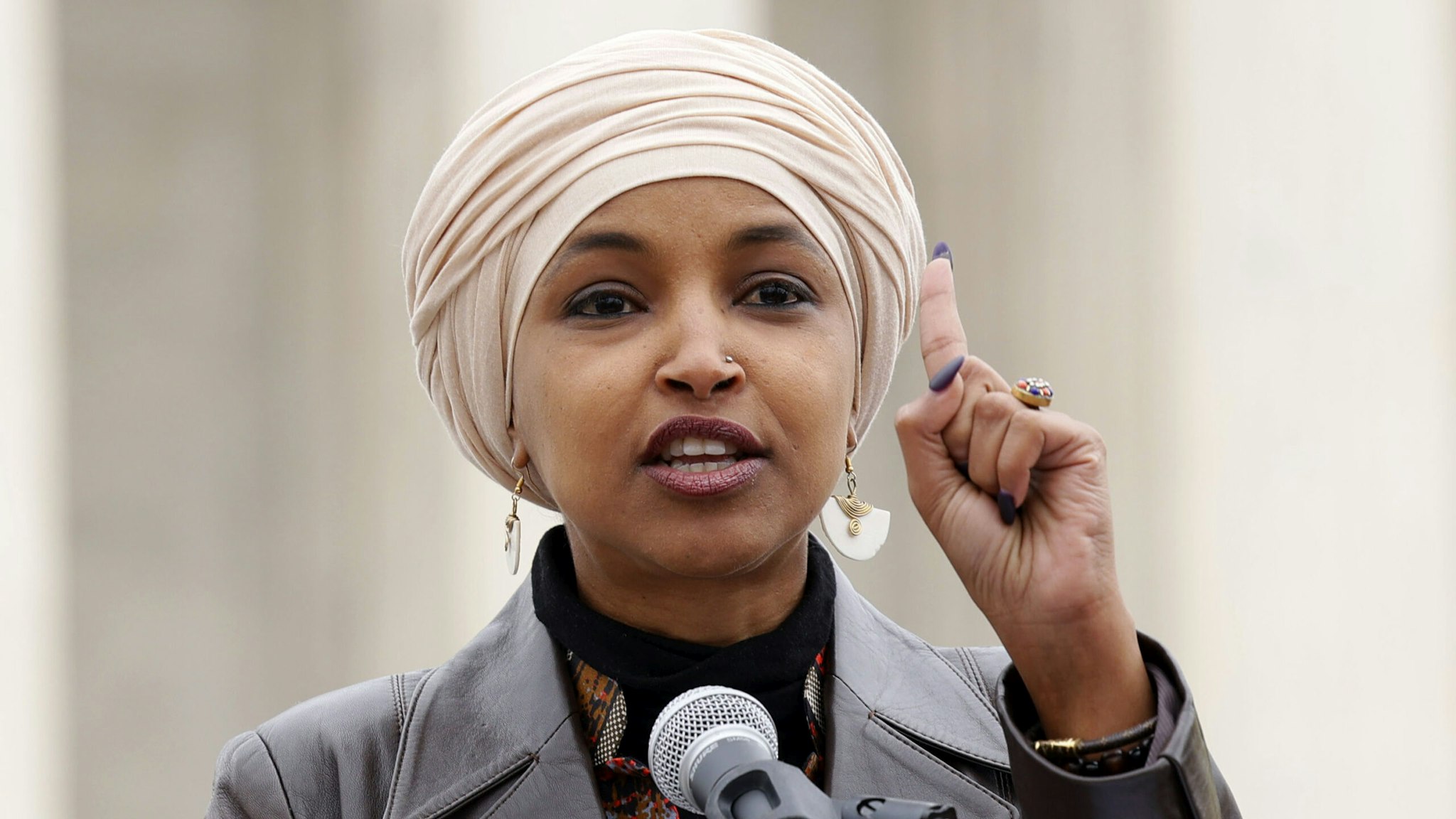 WASHINGTON, DC - FEBRUARY 28: Representative Ilhan Omar speaks as student loan borrowers and advocates gather for the People's Rally To Cancel Student Debt During The Supreme Court Hearings On Student Debt Relief on February 28, 2023 in Washington, DC.