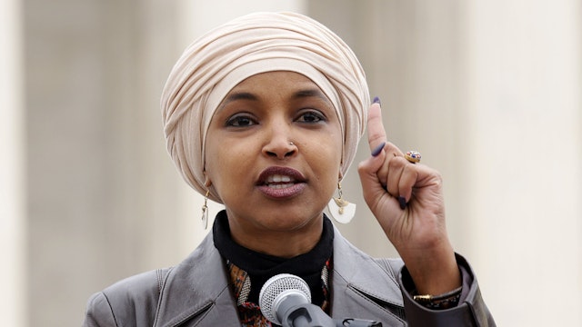 WASHINGTON, DC - FEBRUARY 28: Representative Ilhan Omar speaks as student loan borrowers and advocates gather for the People's Rally To Cancel Student Debt During The Supreme Court Hearings On Student Debt Relief on February 28, 2023 in Washington, DC.