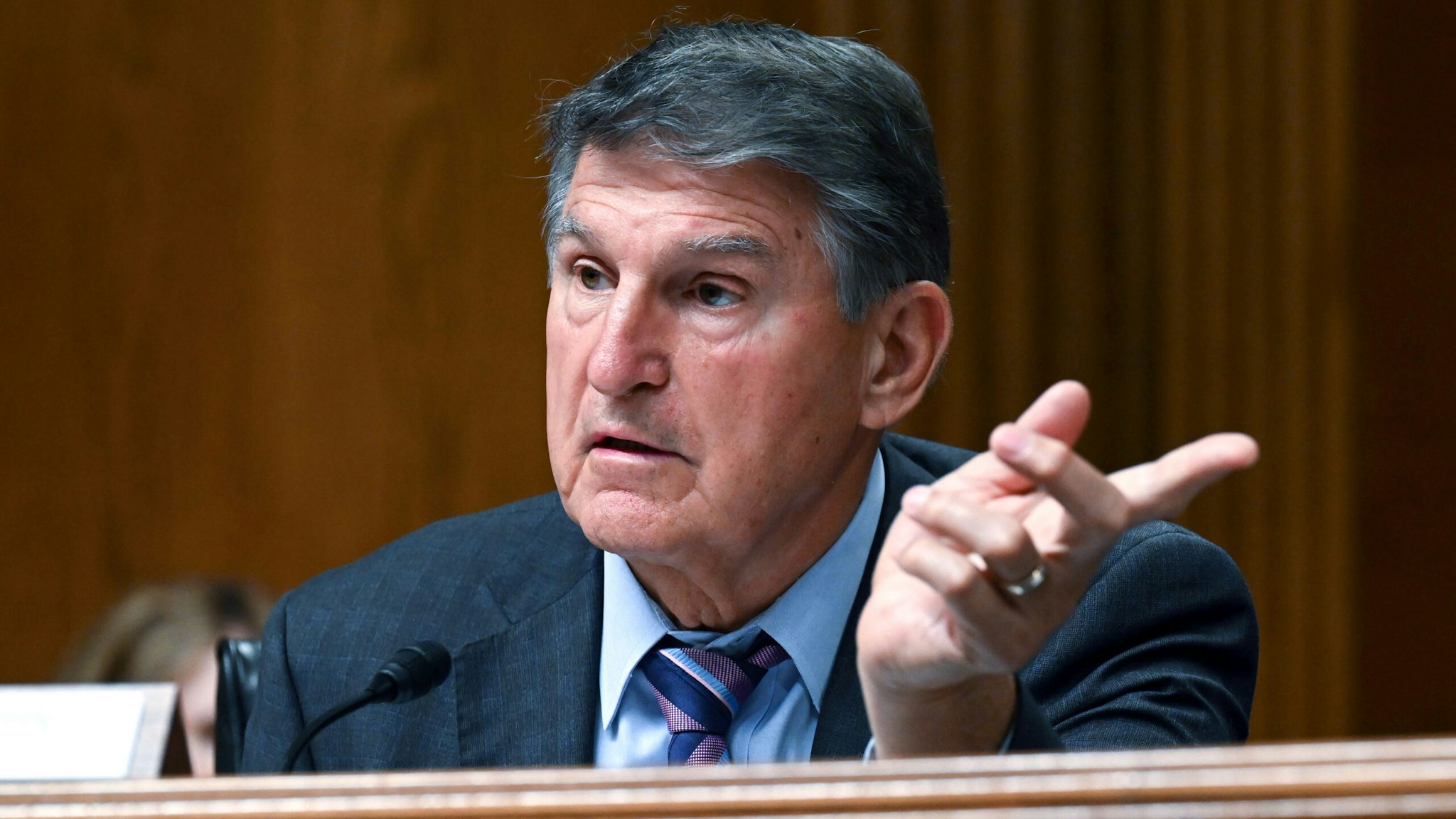 WASHINGTON, DC - SEPTEMBER 19: Senator Joe Manchin (D-WV) speaks to Chairwomen of the Federal Communications Commission Jessica Rosenworcel during a Senate Appropriations Subcommittee on Financial Servieces and General Government Hearings at the Dirksen Senate Office Building on Tuesday September 19, 2023 in Washington, DC.