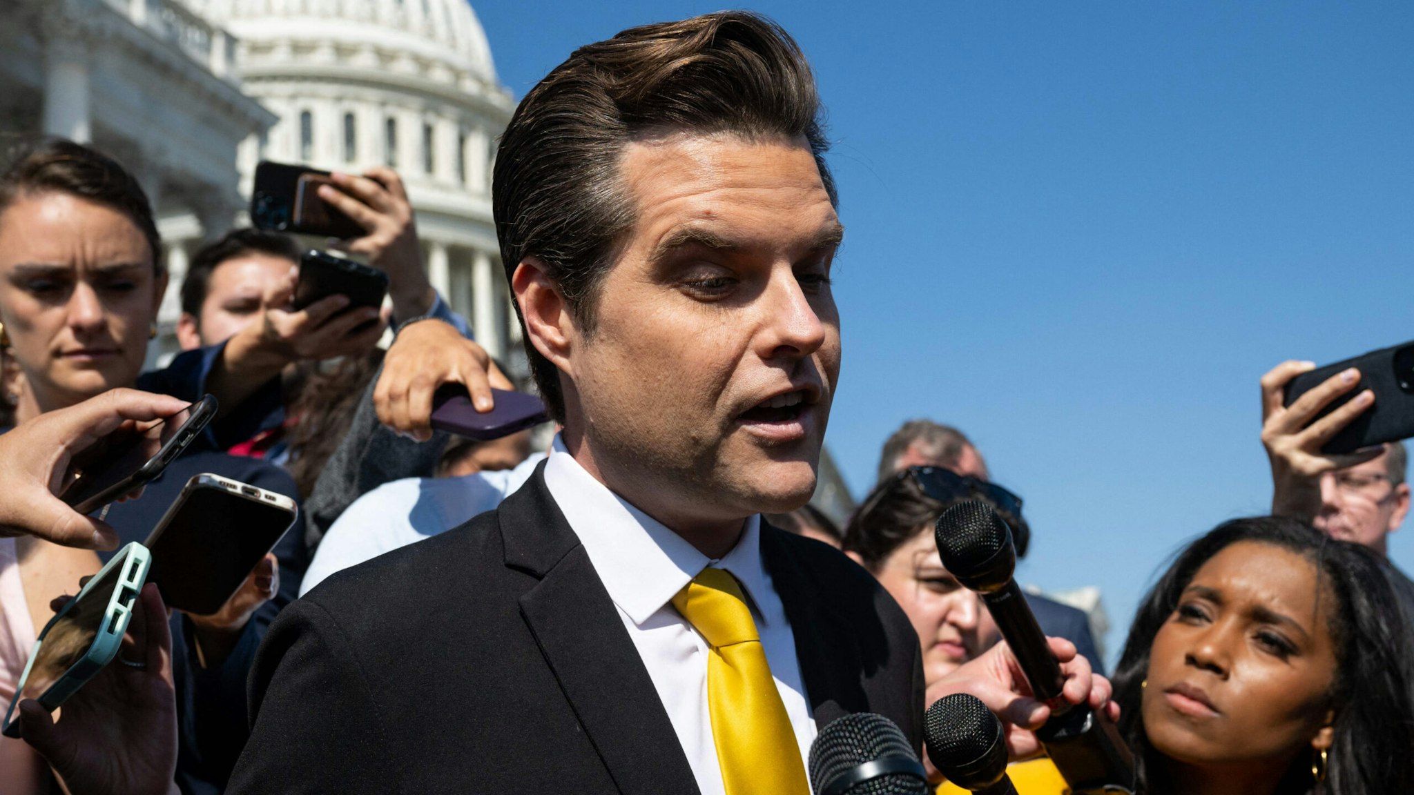 US Representative Matt Gaetz (R-FL) speaks to members of the media after speaking on the House floor about a possible Motion to Vacate to oust US Speaker of the House Kevin McCarthy, outside the US Capitol in Washington, DC, on October 2, 2023. A leading hardline Republican said on October 1, 2023, he would move to oust House Speaker Kevin McCarthy for striking a deal with Democrats to avert a US government shutdown without the spending cuts demanded by the right-wing caucus. US Representative Matt Gaetz (R-FL) is a leading figure within a small group of hardline Republican legislators who had brought the government to the brink of shutdown with their refusal to adopt fresh federal funding without deep spending cuts.