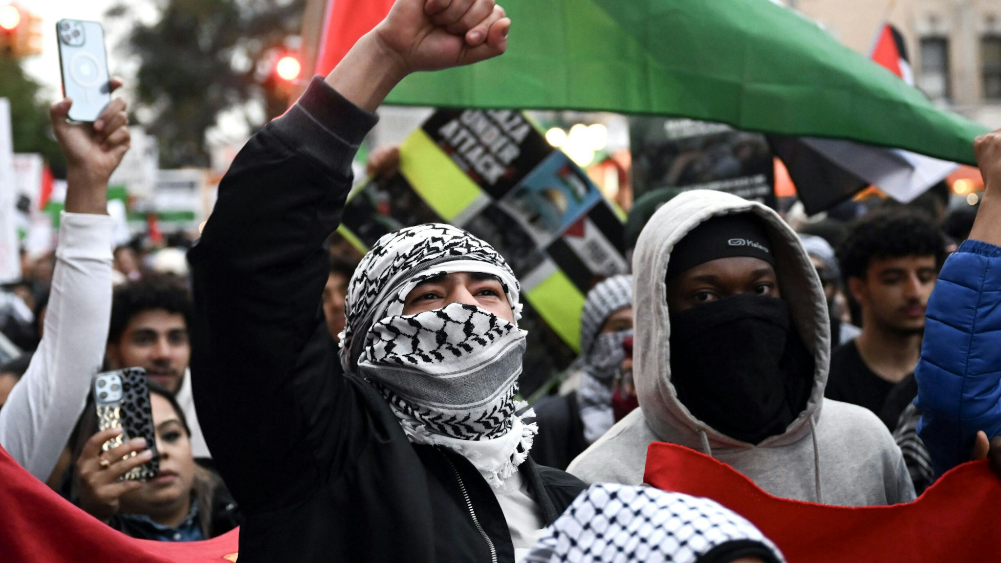 NEW YORK, UNITED STATES - OCTOBER 18 : People gather in New York, United States to show solidarity with Palestinians in the Gaza Strip and condemn recent actions by the government of Israel on October 18, 2023.