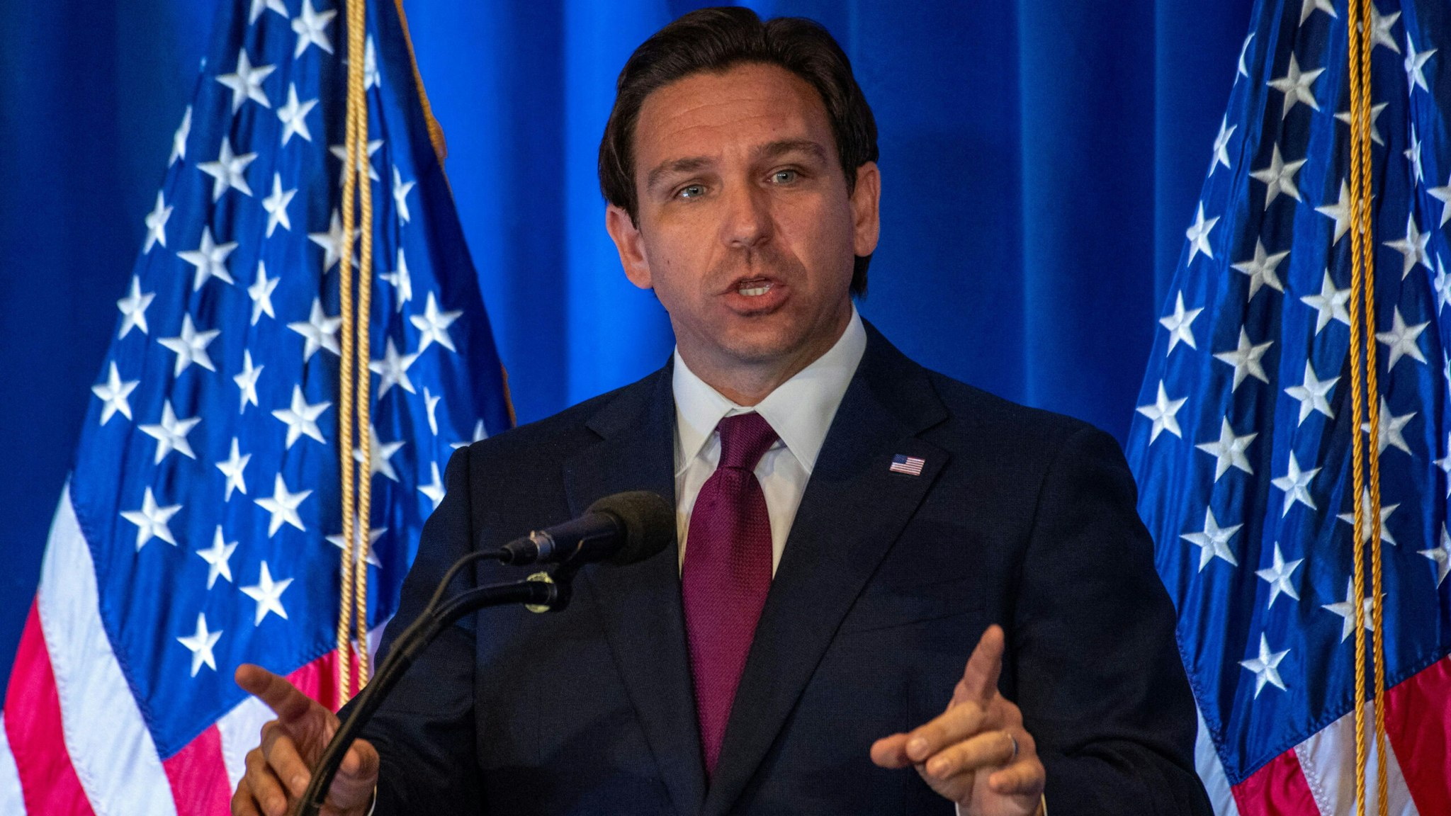 US 2024 presidential hopeful Florida Governor Ron DeSantis speaks at the New Hampshire Republican Party's First in the Nation Leadership Summit in Nashua, New Hampshire, on October 13, 2023.