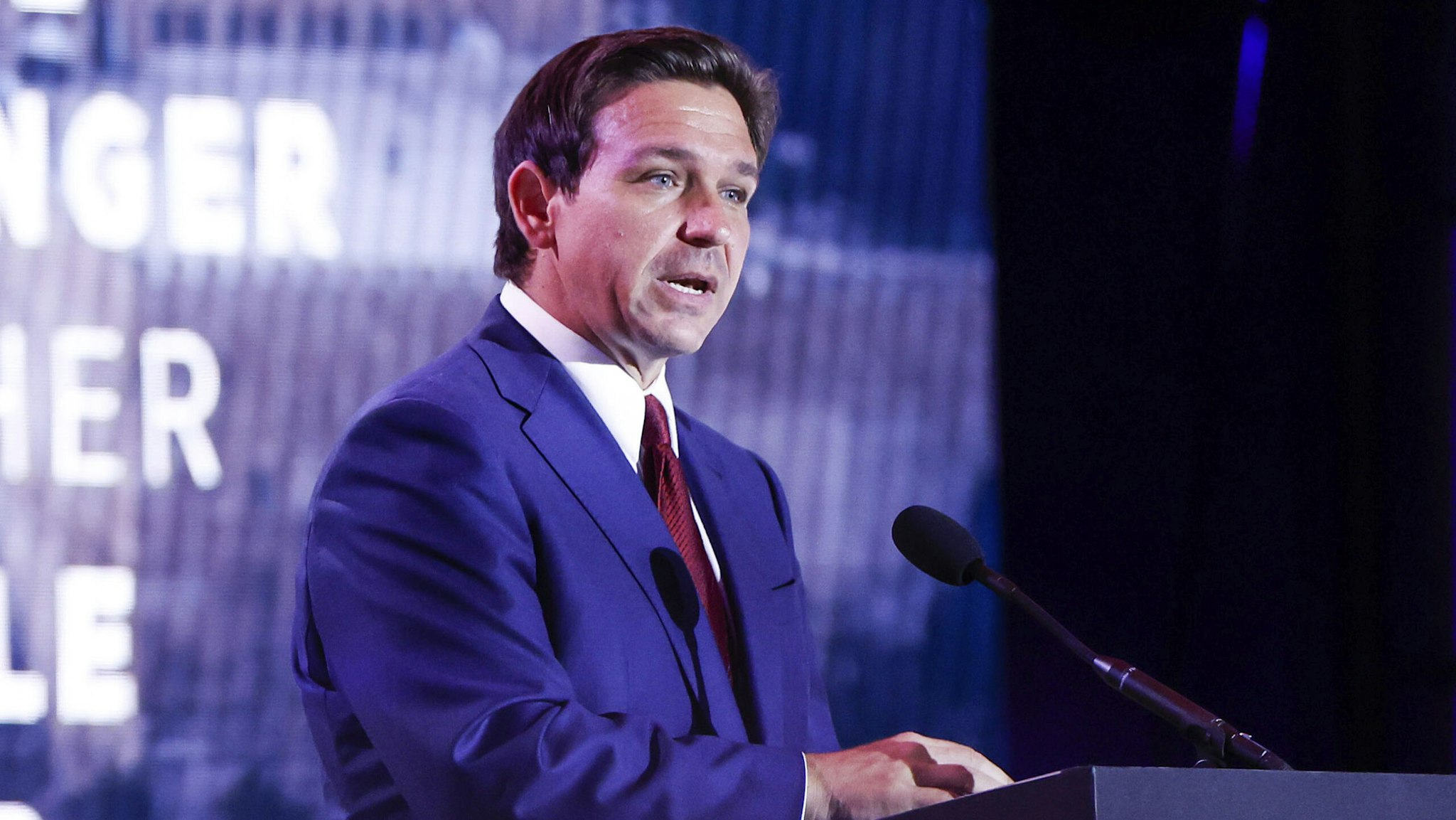 ARLINGTON, VIRGINIA - JULY 17: Republican presidential candidate Florida Governor Ron DeSantis delivers remarks at the 2023 Christians United for Israel summit on July 17, 2023 in Arlington, Virginia. For this year's summit, CUFI hosts 2024 Republican presidential candidates hopefuls to speak amidst other pro-Israel activists.