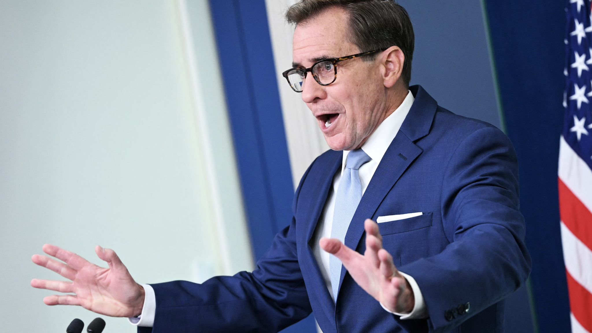National Security Council Coordinator for Strategic Communications John Kirby speaks during the daily briefing in the Brady Press Briefing Room of the White House in Washington, DC, on July 26, 2023.