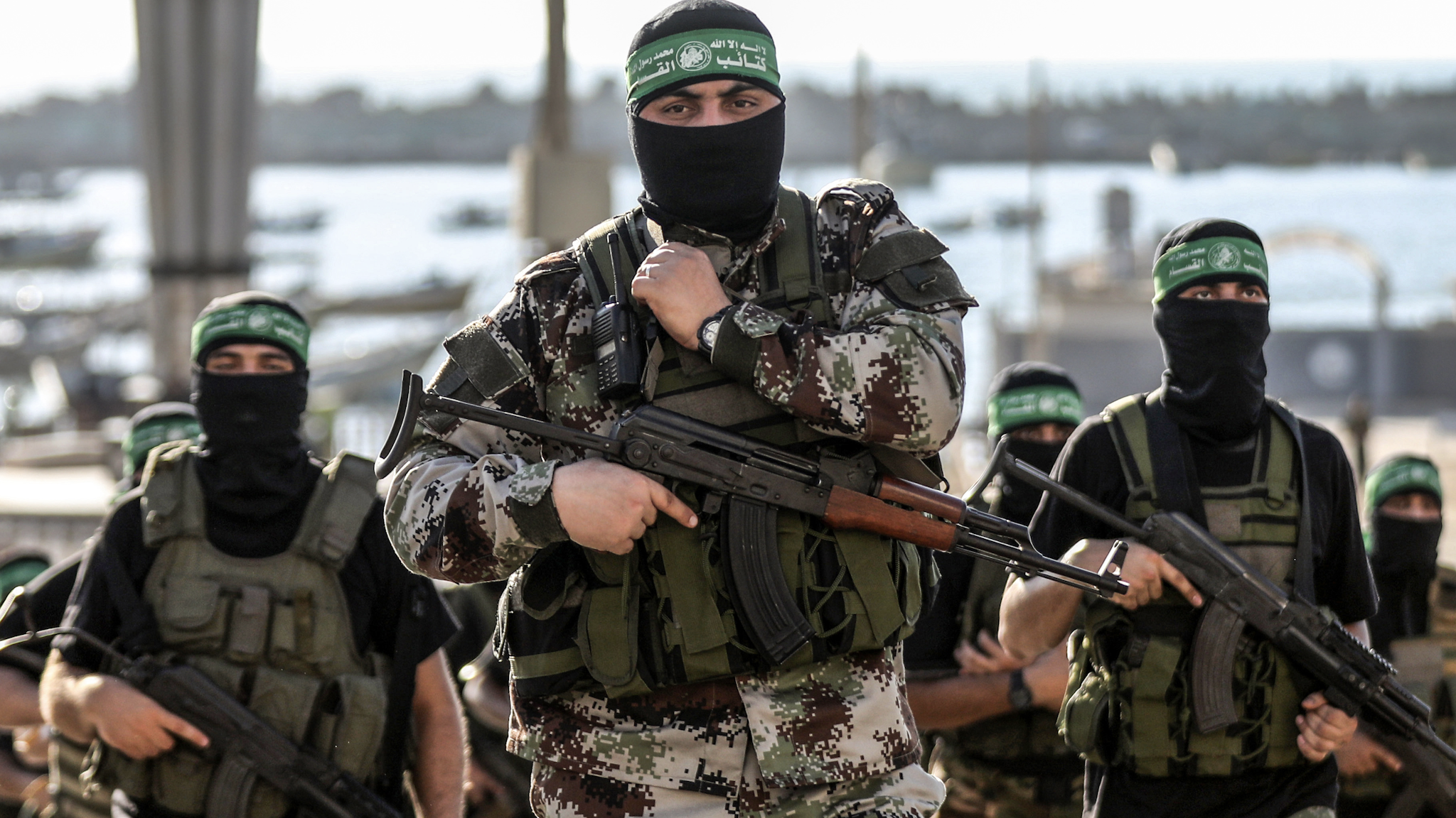 Gunmen from the Izz al-Din al-Qassam Brigades, the military wing of Hamas, during an anti-Israel military march in Gaza City, Gaza Strip. Palestine.