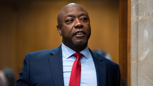 WASHINGTON - OCTOBER 18: Sen. Tim Scott, R-S.C.,arrives for the confirmation hearing in the Senate Foreign Relations Committee for Jack Lew, nominee to be ambassador to Israel, on Wednesday, October 18, 2023.