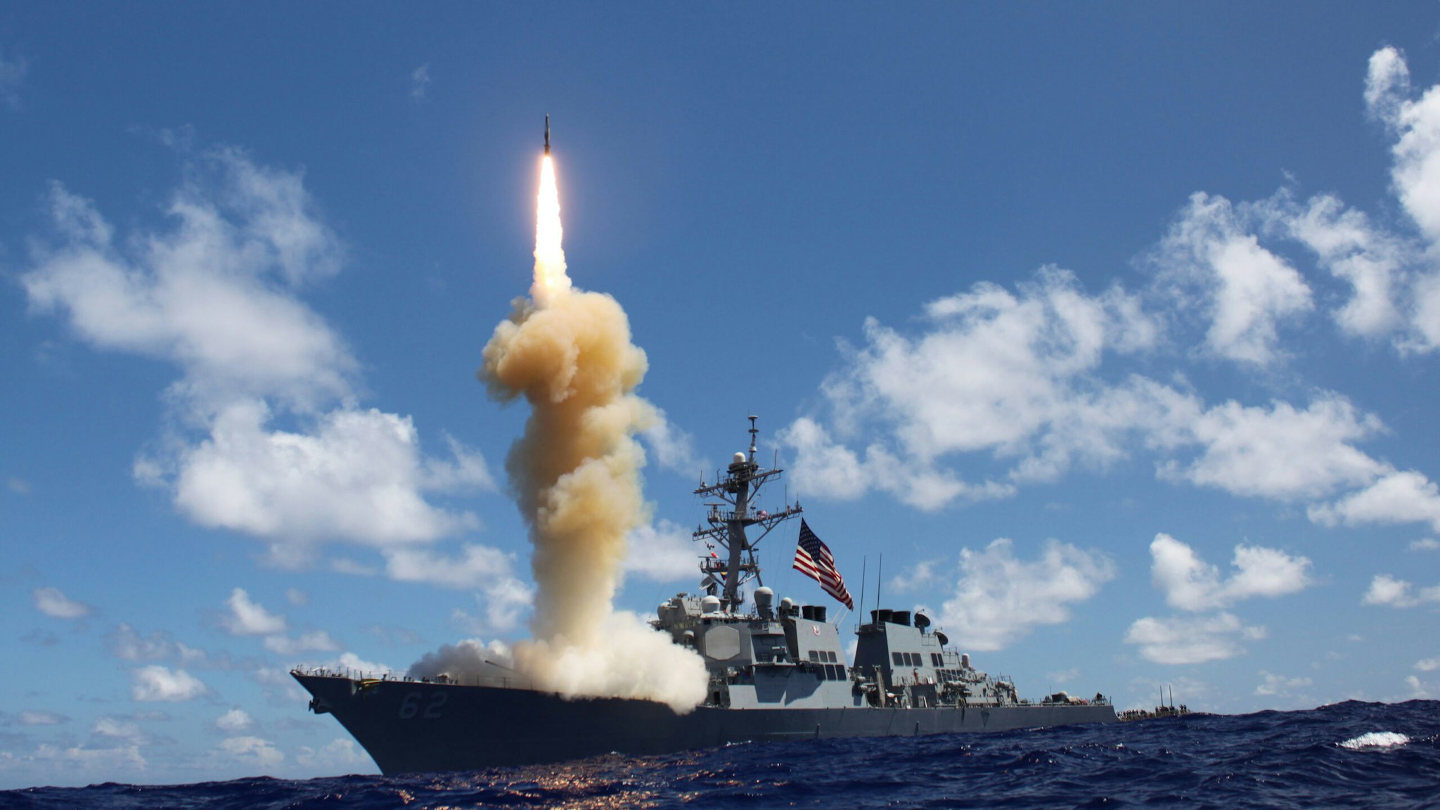 Guided-missile destroyer USS Fitzgerald (DDG 62) fires a Standard Missile-3 (SM-3) during a joint ballistic missile defense exercise, Pacific Ocean, 2012. Image courtesy US Navy.
