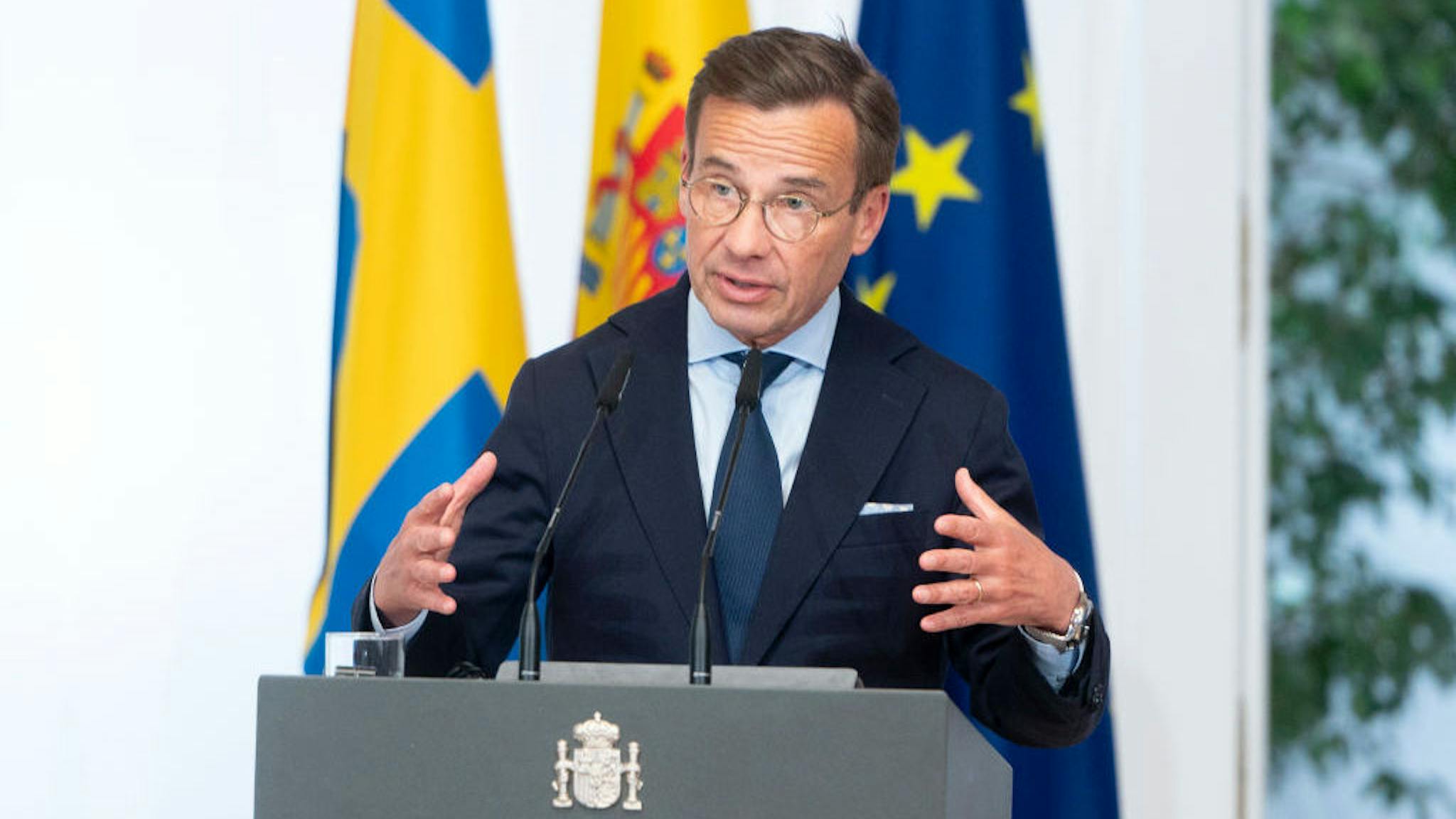 Ulf Kristersson MADRID, SPAIN - JUNE 05: The Prime Minister of the Kingdom of Sweden, Ulf Kristersson, gives a press conference after meeting with the President of the Government, at the Moncloa Palace, on June 5, 2023, in Madrid, Spain. Sanchez met today with the Prime Minister of Sweden, a country that this month concludes its six-month presidency of the European Council while awaiting the Spanish successor, according to the announcement of the Presidency of the Government. During the meeting, they discussed the circumstances of the baton that the Swedish leader will hand over to Pedro Sanchez on July 1, when Sweden concludes its rotating Presidency of the EU and Spain's begins. Sanchez has just returned from Moldova, where he participated in the second summit of the European Political Community (EPC), which brought together 45 European heads of state and government, including Kisterrson himself. (Photo By Alberto Ortega/Europa Press via Getty Images)