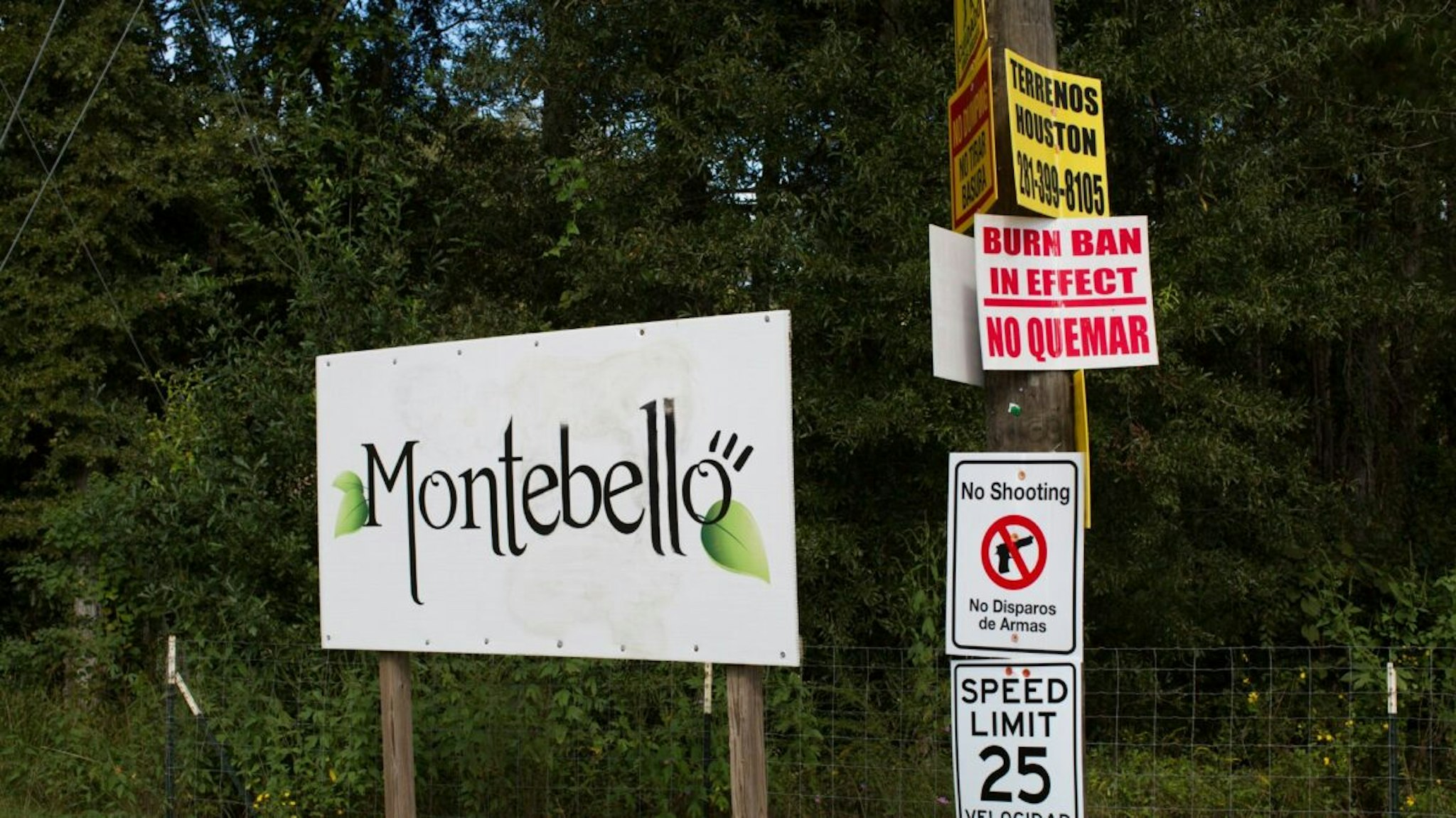 Sign that stands in one of the entrances of the Montebello Subdivision in Liberty County. Montebello is a 900-lot development created by Colony Ridge.