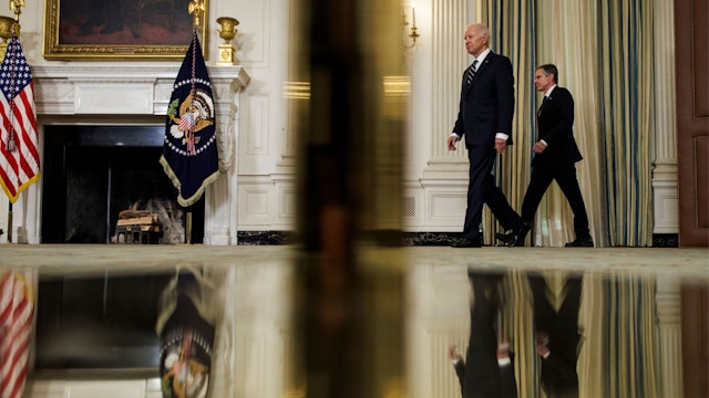 WASHINGTON, DC - OCTOBER 7: President Joe Biden and Secretary of State Antony Blinken walk into the State Dining Room to deliver remarks on the terrorist attacks in Israel at the White House on October 7, 2023 in Washington, DC. The White House has said that senior national security officials have briefed the President on the attacks on Israel that were carried out by Hamas overnight and White House officials remain in close contact with their counterparts in Israel.