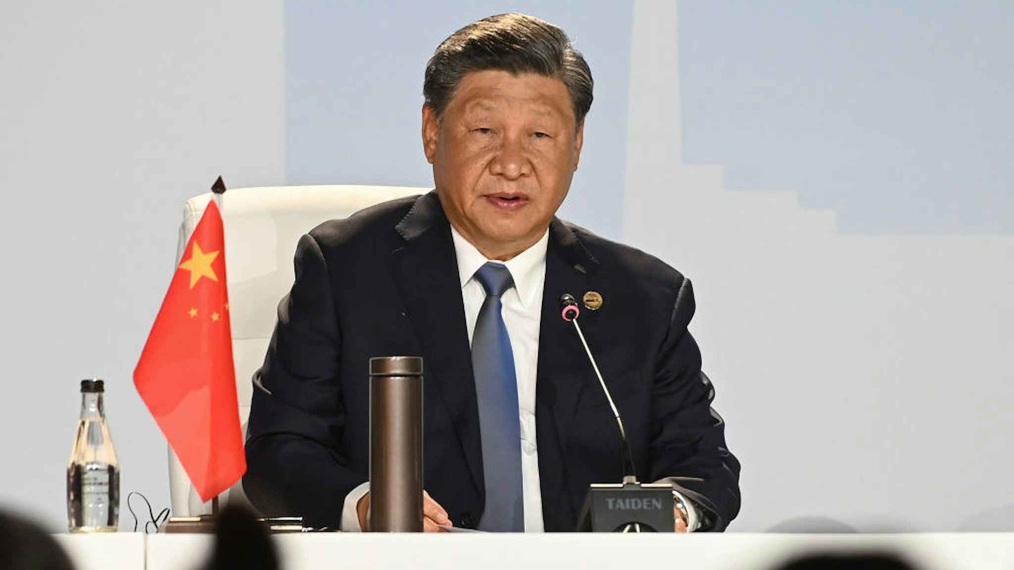 Xi Jinping, China's president, on the closing day of the BRICS summit at the Sandton Convention Center in the Sandton district of Johannesburg, South Africa, on Thursday, Aug. 24, 2023. Expansion of BRICS membership is top of the agenda for the summit being hosted this week by South Africa. Photographer: Leon Sadiki/Bloomberg