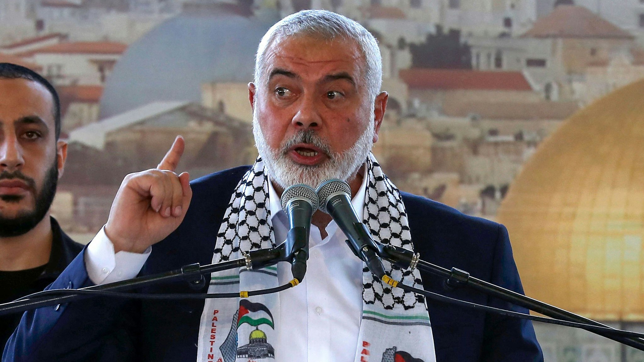 The Palestinian Hamas movement's leader Ismail Haniyeh speaks at a public rally during his visit to the southern Lebanese city of Saida, on June 26, 2022.