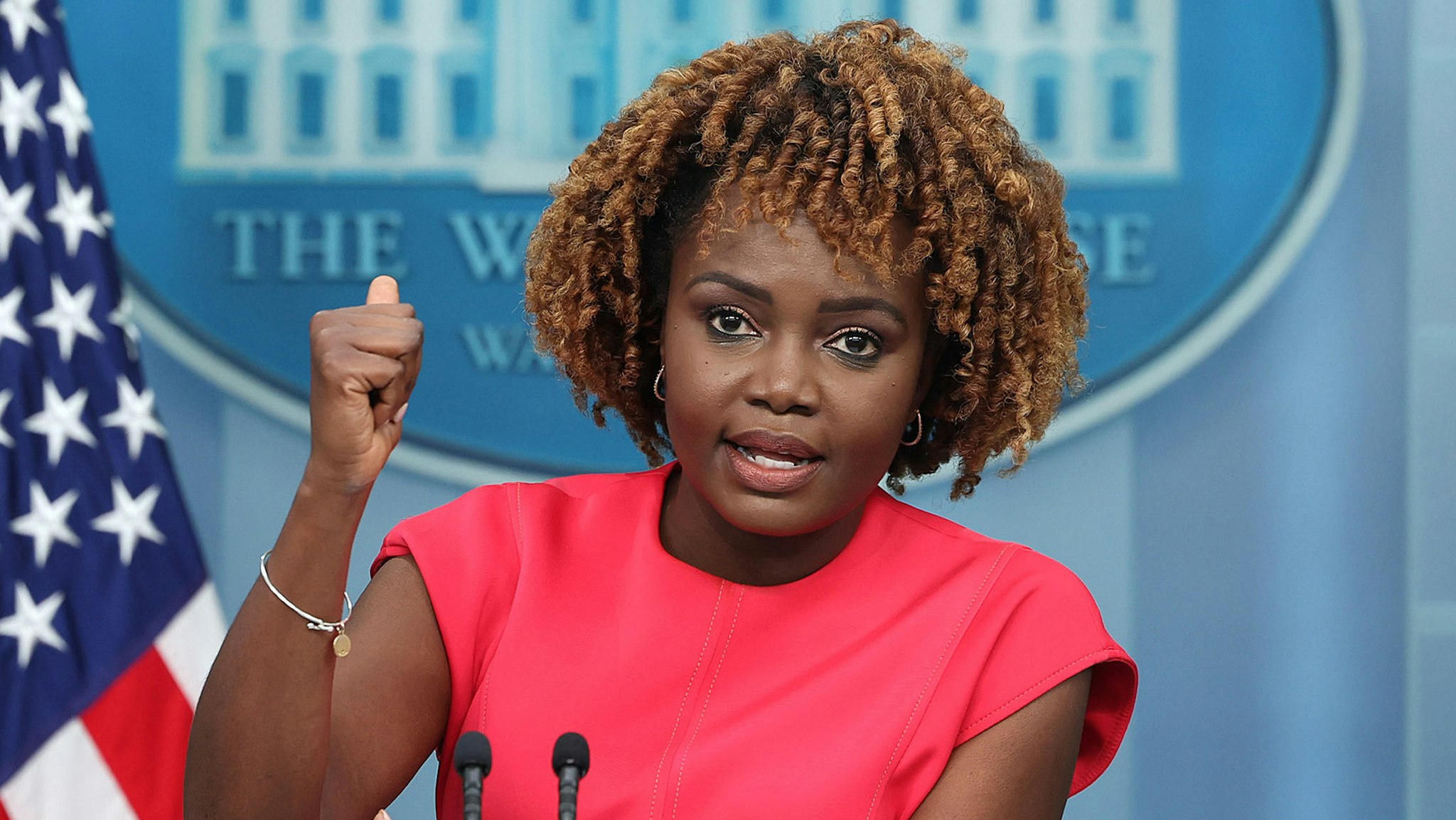 WASHINGTON, DC - OCTOBER 02: White House Press Secretary Karine Jean-Pierre speaks at the daily press briefing at the White House on October 02, 2023 in Washington, DC. Jean-Pierre spoke on Ukraine military funding, the autoworker strike, and government funding.