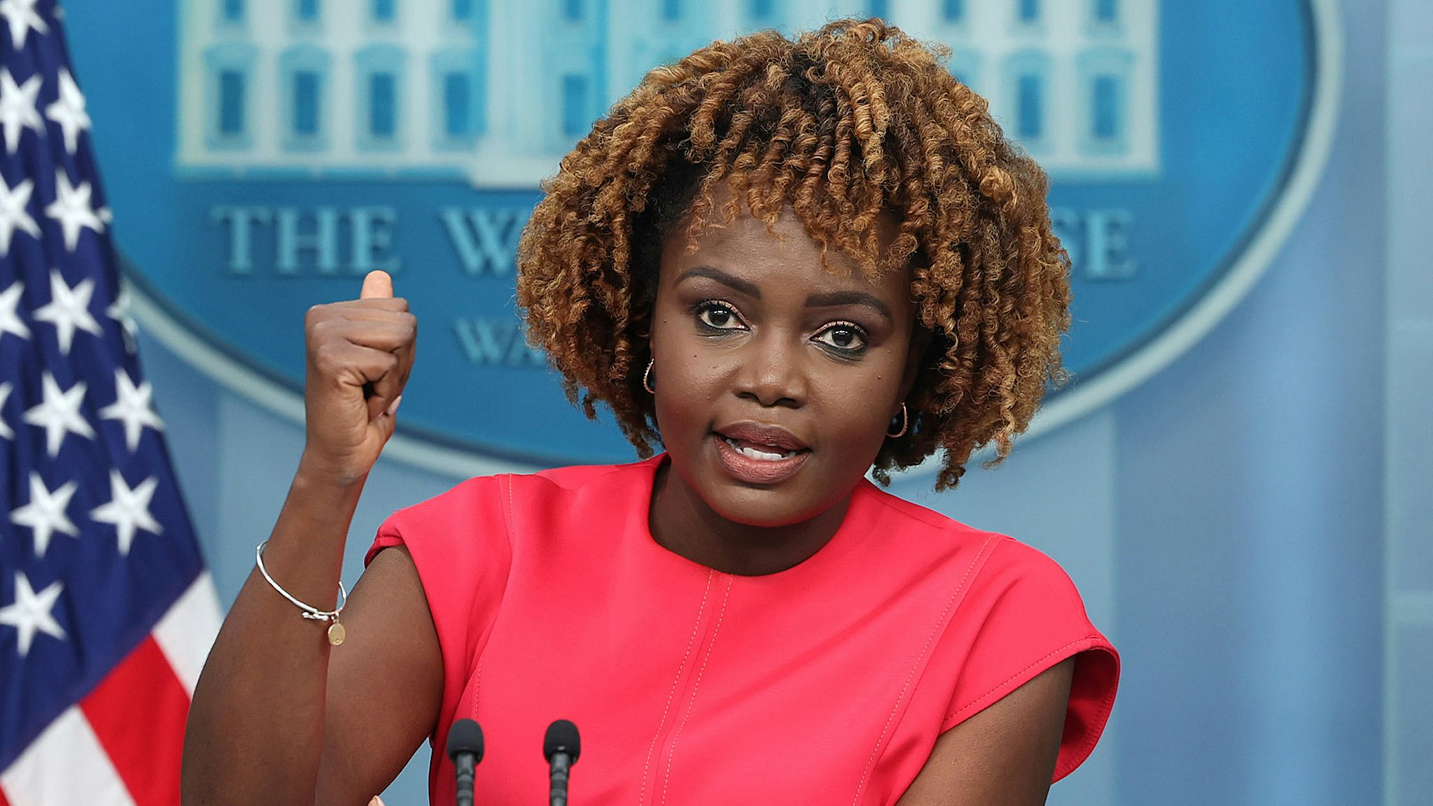 WASHINGTON, DC - OCTOBER 02: White House Press Secretary Karine Jean-Pierre speaks at the daily press briefing at the White House on October 02, 2023 in Washington, DC. Jean-Pierre spoke on Ukraine military funding, the autoworker strike, and government funding.