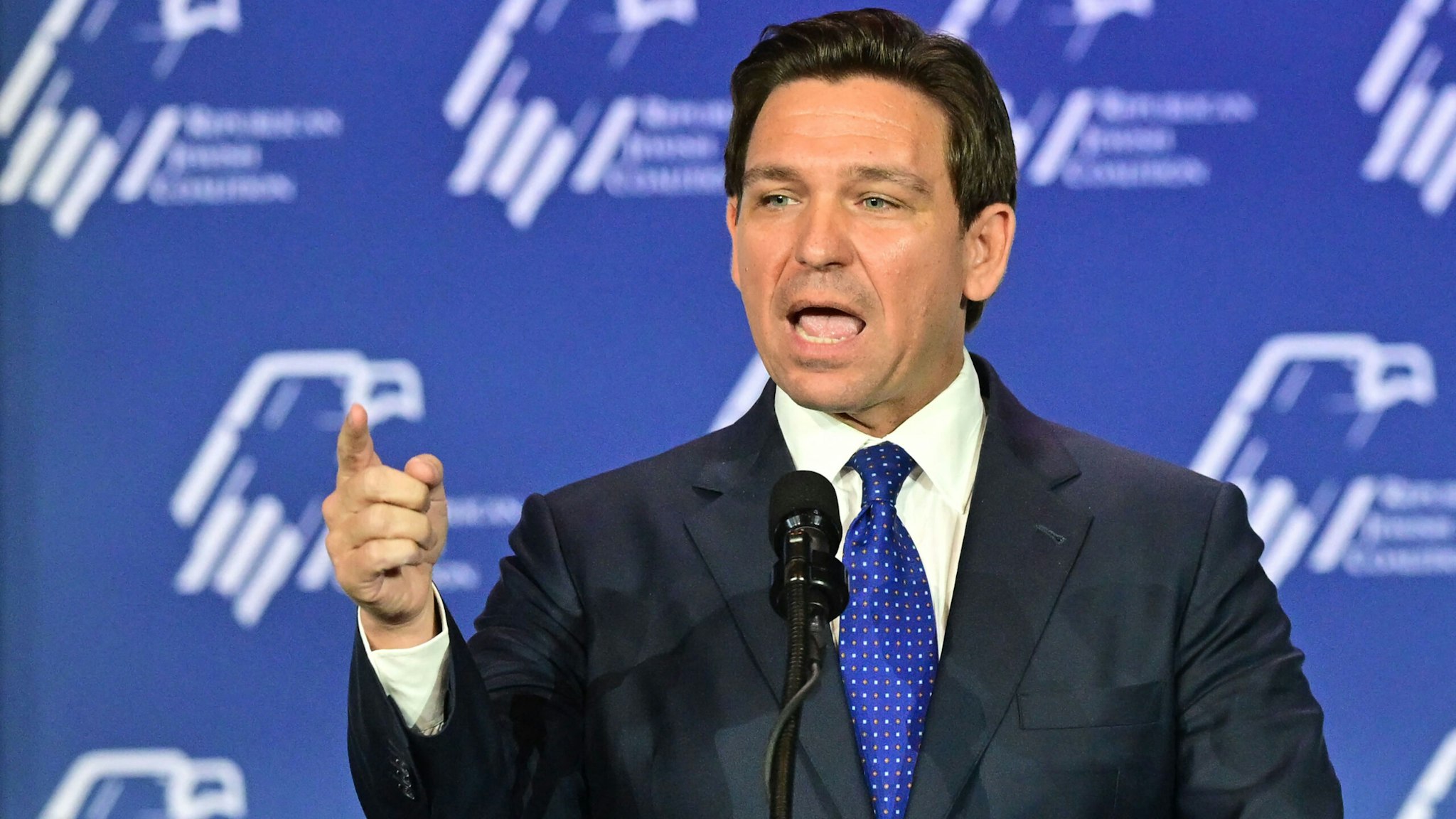 US Republican presidential candidate and Florida Governor Ron DeSantis addresses the Republican Jewish Coalition (RJC) Annual Leadership Summmit on October 28, 2023 at the Venetian Conference Center in Las Vegas, Nevada.