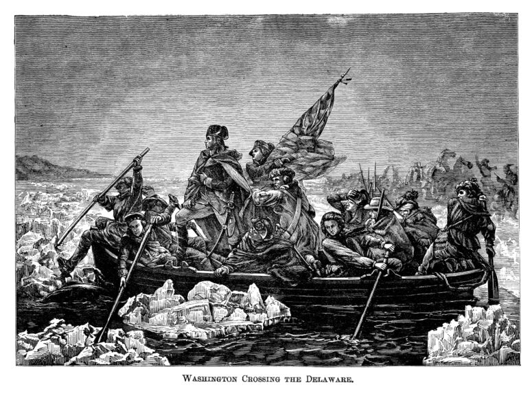 Old engraved illustration of General George Washington crossing the Delaware River during the American Revolutionary War in 1776.