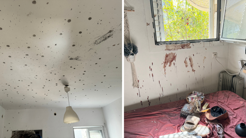 Kfar Aza houses, one with shrapnel holes and another with blood.